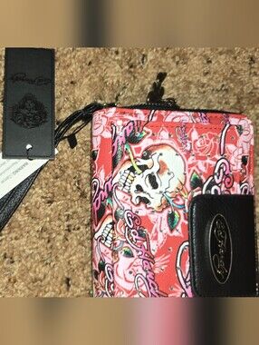 Ed Hardy Pink Skull Print Phone Wallet